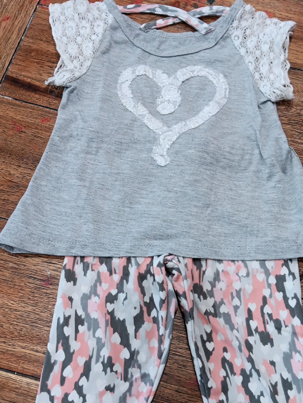 One Step Ahead Gray Top with White Lace Sleeves & Pink Gray Camouflage Leggings